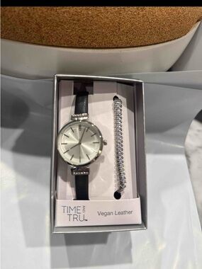 Time and Tru Silver Dial Watch with Black Strap and Crystal Bracelet